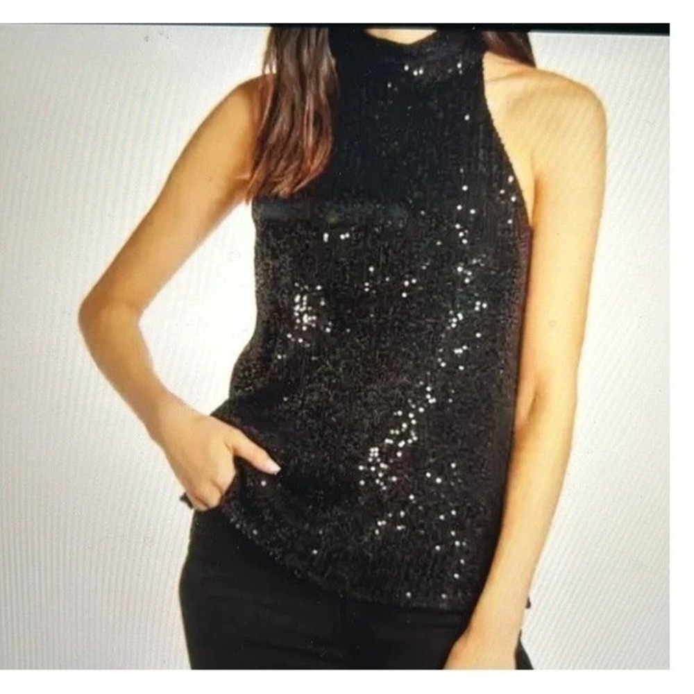 Chelsea-28 Size Medium Black Sequin Sleeveless Lined Halter Top